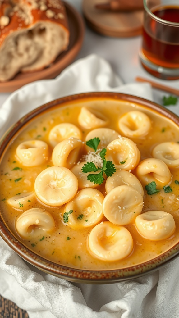 A bowl of creamy four cheese tortellini soup with cheese tortellini, garnished with parsley, accompanied by crusty bread.